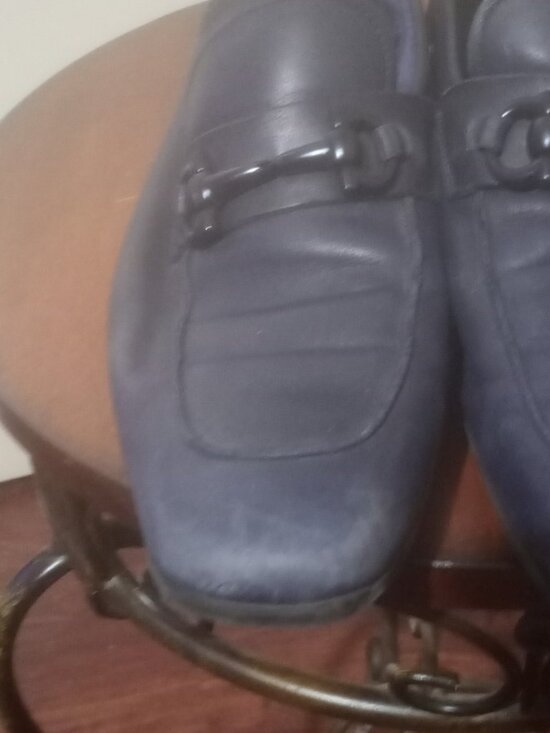 SALVATORE FERRAGAMO BLUE LEATHER BUCKLE DETAIL LOAFERS Sz 7.5D MADE IN ITALY